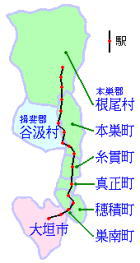 樽見鉄道の沿線市町村の地図